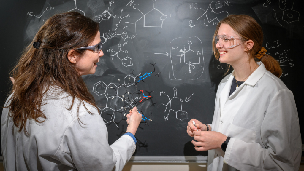 UNCG researchers were labcoats and goggles examine molecular molecules on a blackboard